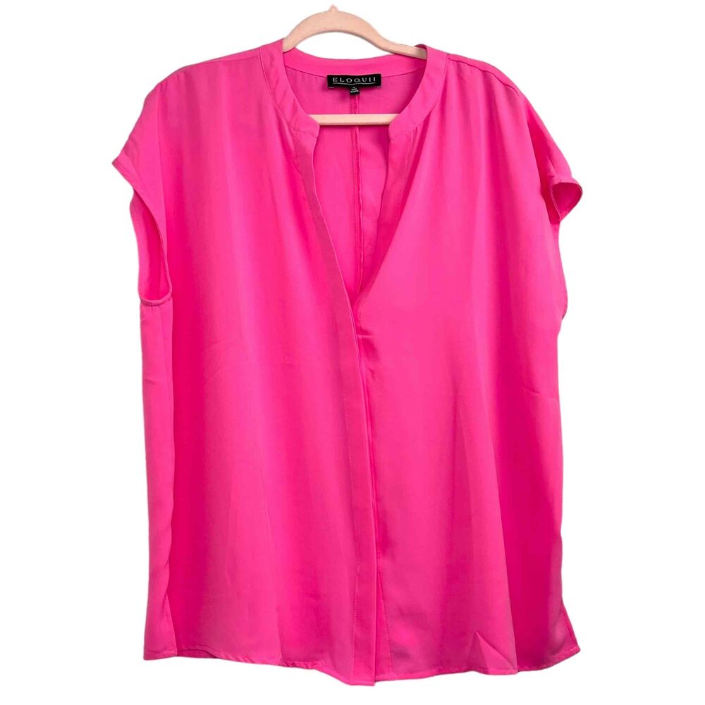 NWOT Eloquii Neon Pink Short Sleeve V-Neck Blouse Womens Size 16 Flowy